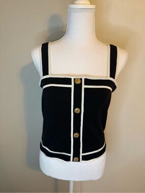 Bailey/44 Black & White Knit Tank Top Gold Crest Buttons Size Large